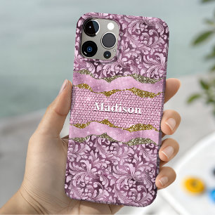 Elegant floral glittery Purple pink gold monogram iPhone 15 Case