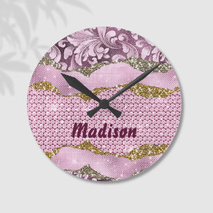 Elegant floral glittery Purple pink gold monogram Round Clock