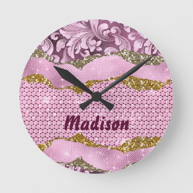 Elegant floral glittery Purple pink gold monogram Round Clock (Front)