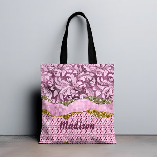 Elegant floral glittery Purple pink gold monogram Tote Bag