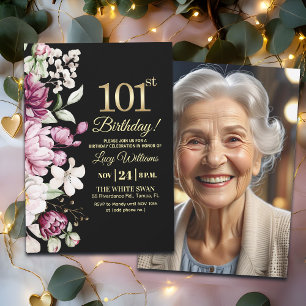 Elegant Floral Gold 101 Birthday Photo Invitation