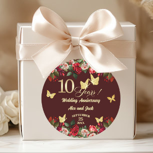 Elegant Floral Gold 10th Wedding Anniversary Classic Round Sticker