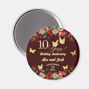 Elegant Floral Gold 10th Wedding Anniversary Magnet