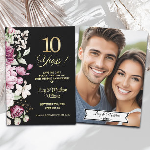 Elegant Floral Gold 10th Wedding Anniversary Photo Save The Date