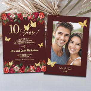 Elegant Floral Gold 10th Wedding Anniversary Photo Save The Date