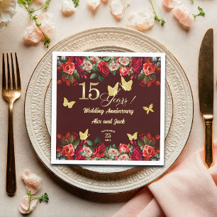 Elegant Floral Gold 15th Wedding Anniversary Napkin