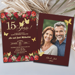 Elegant Floral Gold 15th Wedding Anniversary Photo Invitation