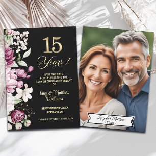 Elegant Floral Gold 15th Wedding Anniversary Photo Save The Date