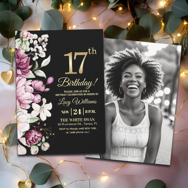 Elegant Floral Gold 17 Birthday Photo Invitation (Creator Uploaded)