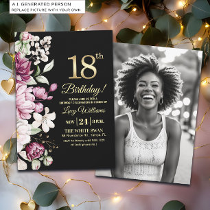Elegant Floral Gold 18 Birthday Photo Invitation