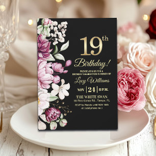 Elegant Floral Gold 19 Birthday Party Invitation