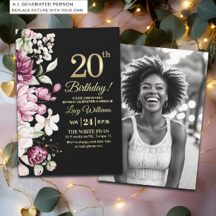 Elegant Floral Gold 20 Birthday Photo Invitation