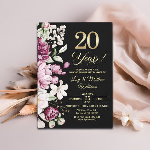 Elegant Floral Gold 20th Wedding Anniversary Invitation