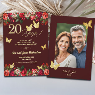 Elegant Floral Gold 20th Wedding Anniversary Photo Save The Date