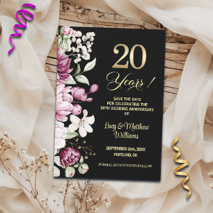 Elegant Floral Gold 20th Wedding Anniversary Save The Date