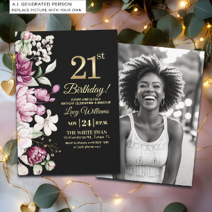 Elegant Floral Gold 21 Birthday Photo Invitation