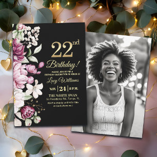Elegant Floral Gold 22 Birthday Photo Invitation