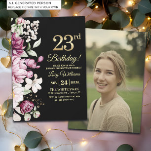 Elegant Floral Gold 23 Birthday Photo Invitation
