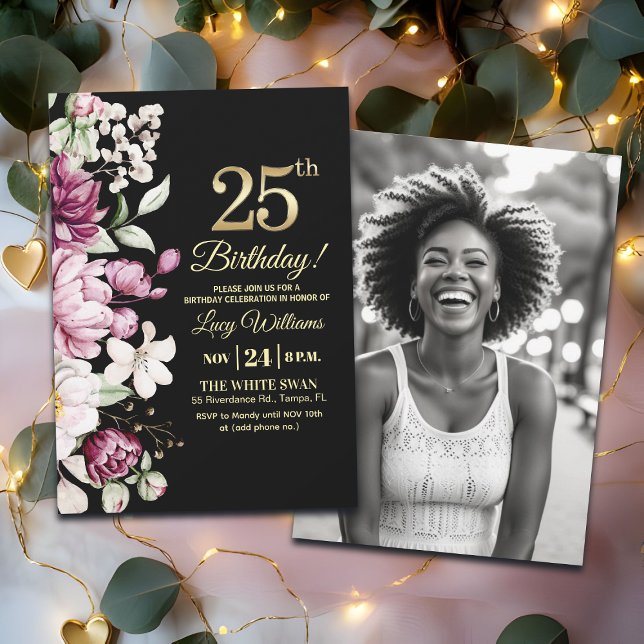Elegant Floral Gold 25 Birthday Photo Invitation (Creator Uploaded)