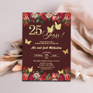 Elegant Floral Gold 25th Wedding Anniversary   Invitation