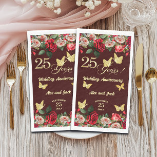 Elegant Floral Gold 25th Wedding Anniversary Napkin