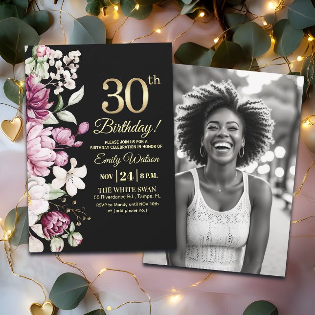 Elegant Floral Gold 30 Birthday Photo Invitation (Creator Uploaded)