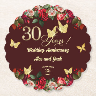 Elegant Floral Gold 30th Wedding Anniversary Paper Coaster
