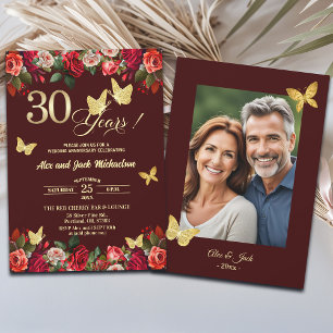 Elegant Floral Gold 30th Wedding Anniversary Photo Invitation