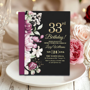 Elegant Floral Gold 33 Birthday Party Invitation