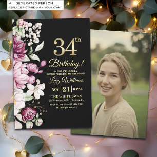 Elegant Floral Gold 34 Birthday Photo Invitation