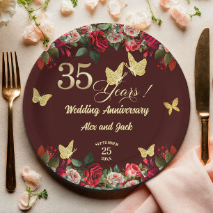 Elegant Floral Gold 35th Wedding Anniversary  Paper Plate