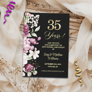 Elegant Floral Gold 35th Wedding Anniversary  Save The Date