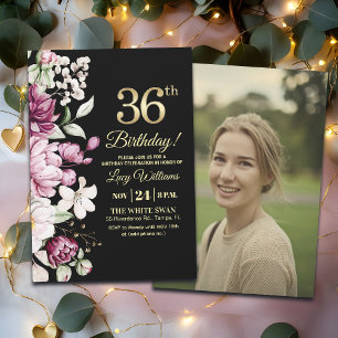 Elegant Floral Gold 36 Birthday Photo Invitation