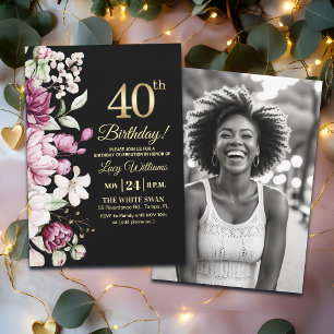 Elegant Floral Gold 40 Birthday Photo Invitation