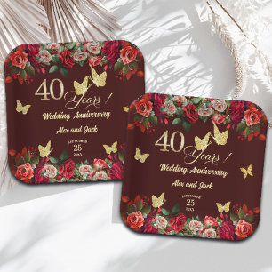 Elegant Floral Gold 40th Wedding Anniversary  Paper Plate