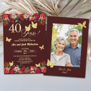 Elegant Floral Gold 40th Wedding Anniversary Photo Invitation