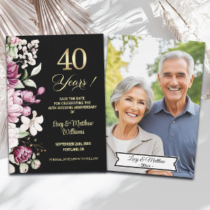 Elegant Floral Gold 40th Wedding Anniversary Photo Save The Date