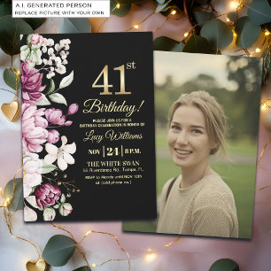 Elegant Floral Gold 41 Birthday Photo Invitation