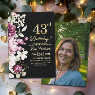 Elegant Floral Gold 43 Birthday Photo Invitation