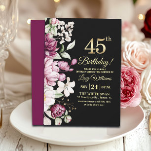 Elegant Floral Gold 45 Birthday Party Invitation