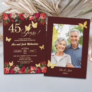 Elegant Floral Gold 45th Wedding Anniversary Photo Invitation
