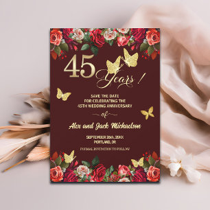 Elegant Floral Gold 45th Wedding Anniversary   Save The Date