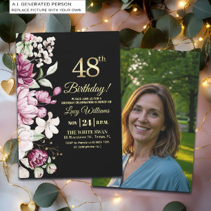 Elegant Floral Gold 48 Birthday Photo Invitation