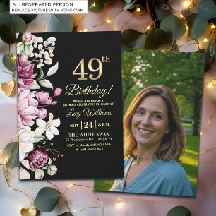 Elegant Floral Gold 49 Birthday Photo Invitation