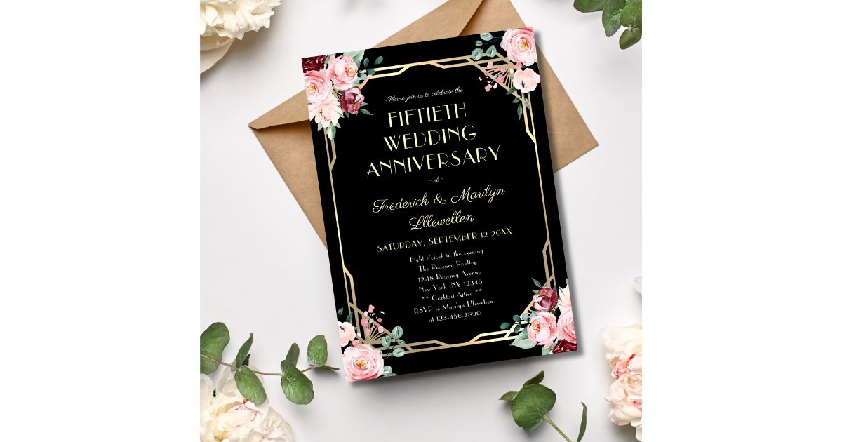 Elegant Floral Gold 50th Wedding Anniversary Invitation | Zazzle