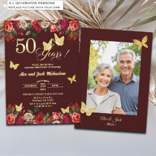 Elegant Floral Gold 50th Wedding Anniversary Photo Invitation