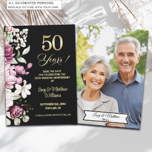 Elegant Floral Gold 50th Wedding Anniversary Photo Save The Date
