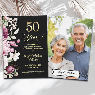 Elegant Floral Gold 50th Wedding Anniversary Photo Save The Date