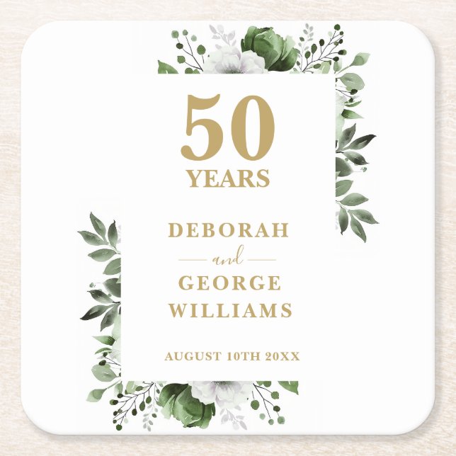 Elegant Floral Gold 50th Wedding Anniversary  Square Paper Coaster (Front)