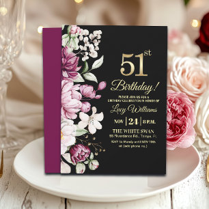 Elegant Floral Gold 51 Birthday Party Invitation